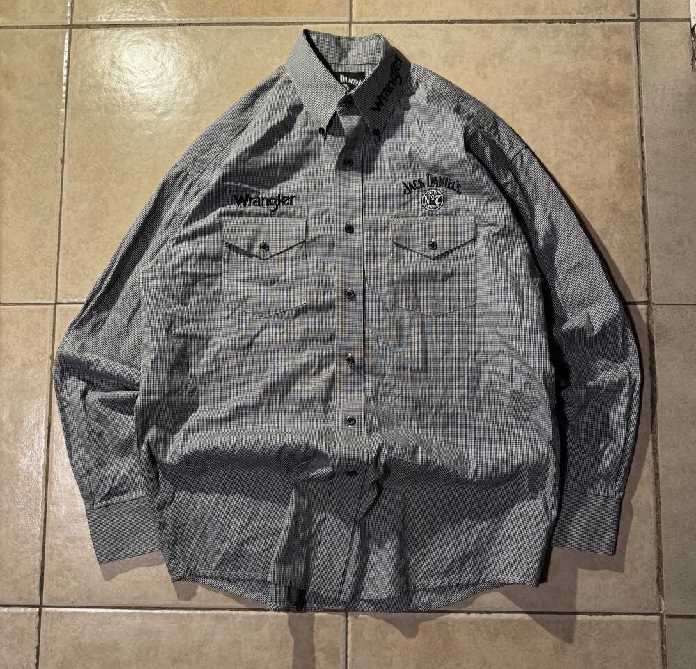 Jack Daniel's x Wrangler Gray Black Check Cotton Button Up Shirt L/S Pockets M